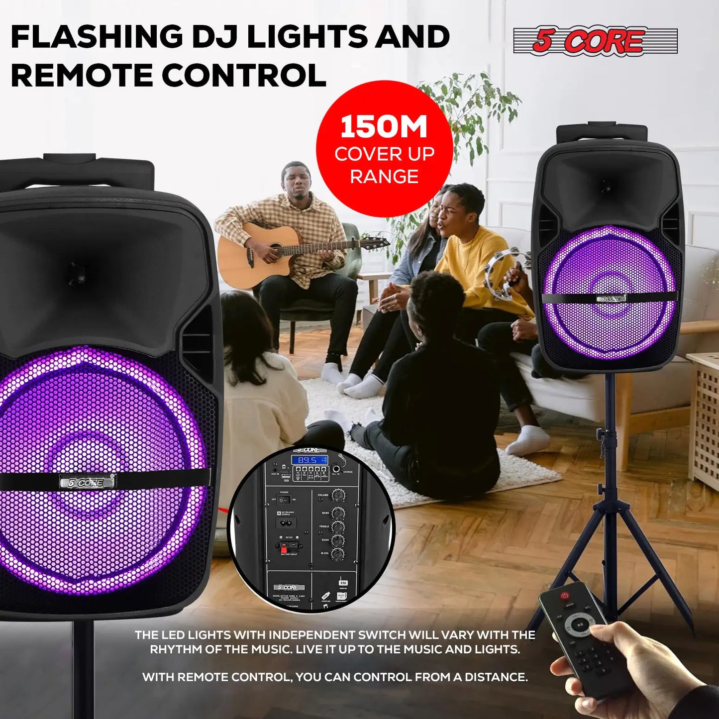 5 CORE 8 Inch TWS PAIR Bluetooth Party Speakers 250 Watt Portable Karaoke PA System Rechargeable Loud Speaker + Tripod Stand & 2x Wireless Mics LED Light Active Home 8 2-MIC